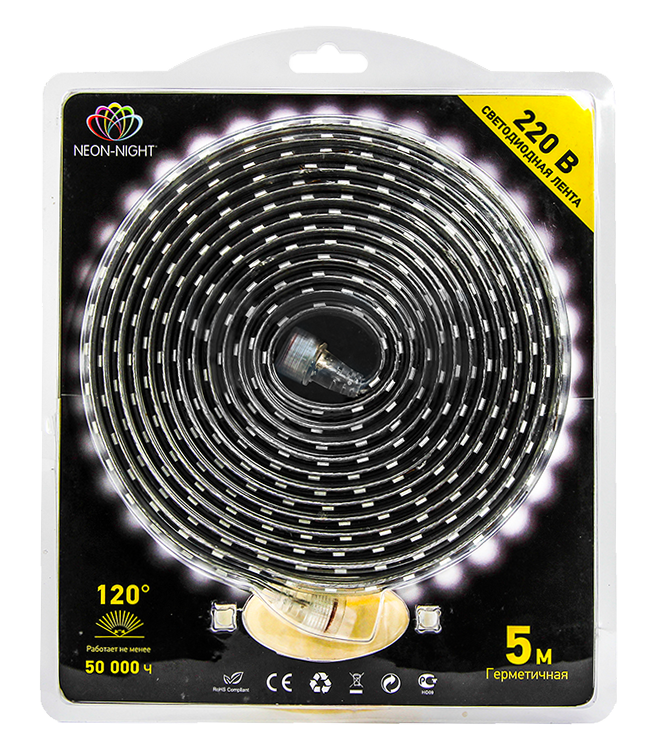 Лента LED влагозащищенная тепло-белый Neon-Night, 220 В, SMD 5050, блистер 5 метров