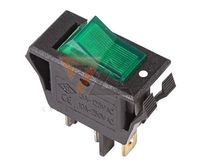 Выключатель клавишный зеленый с подсветкой  250V 15A (3c) On-Off (RWB-413, SC-788)