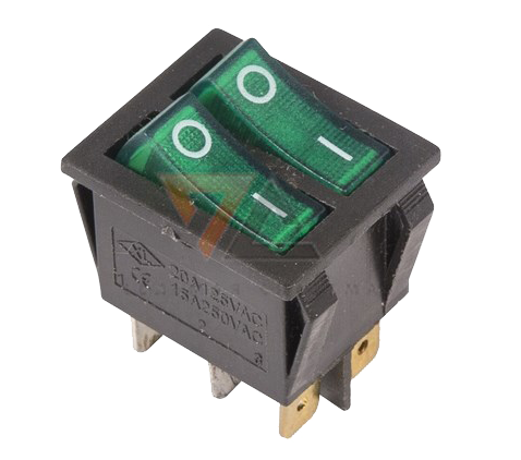 Выключатель клавишный зеленый с подсветкой двойной 250V 15A (6c) On-Off (RWB-511, SC-797)