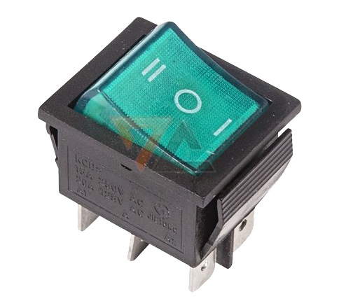 Выключатель клавишный зеленый с подсветкой и нейтралью 250V 15A (6c) On-Off-On (RWB-509, SC-767)