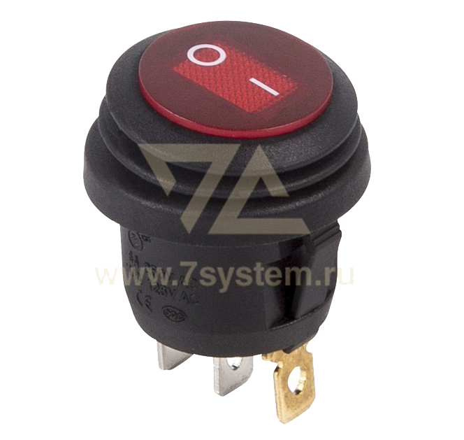 Выключатель клавишный красный круглый с подсветкой и влагозащитой 250V 6А (4с) On-Off