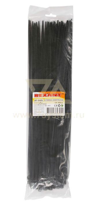 Хомут 400 мм x 4, 8 мм Rexant, черный, 100 шт