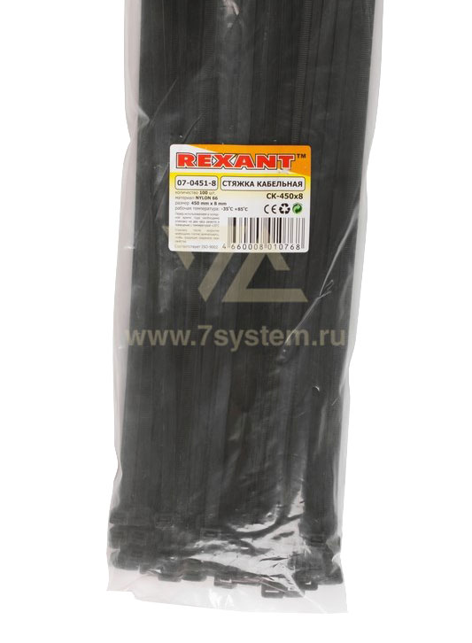 Хомут 450 мм x 7, 6 мм Rexant, черный, 100 шт
