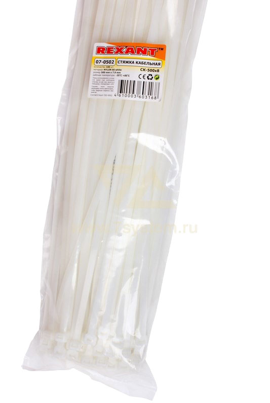 Хомут широкий 500 мм x 7, 6 мм Rexant, белый, 100 шт
