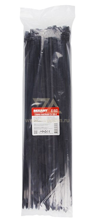 Хомут широкий 500 мм x 7, 6 мм Rexant, черный, 100 шт