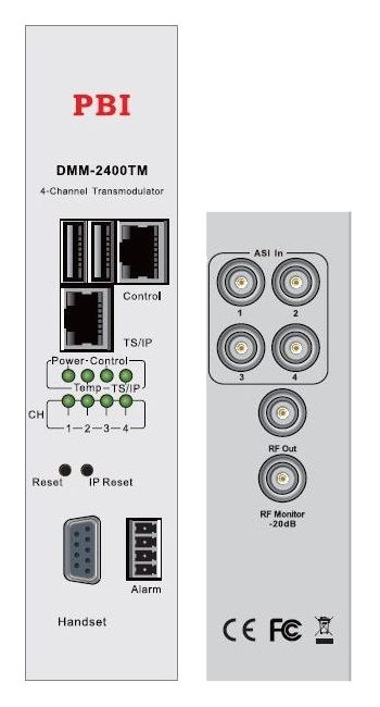 Модулятор DMM-2410TM-30AC PBI, входы: 4xASI, 4xIP, выходы: 4xQAM-RF, 1xASI, без ремультиплексора