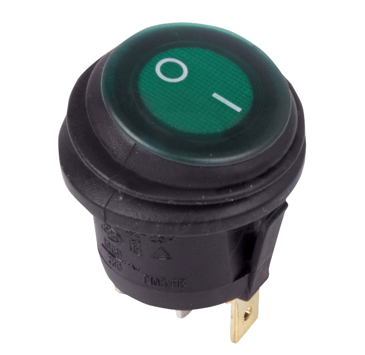 Выключатель клавишный зеленый круглый с подсветкой и влагозащитой 250V 6А (4с) On-Off