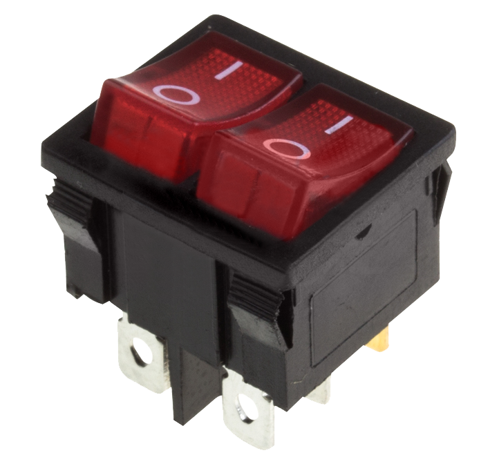 Выключатель клавишный красный с подсветкой двойной 250V 6A (6c) ON-OFF (RWB-305)