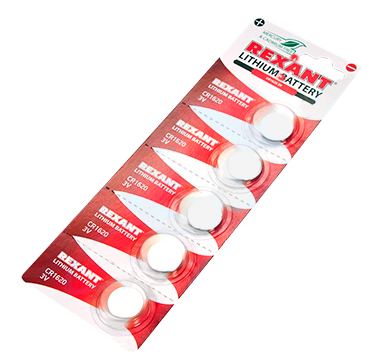 Элемент питания литиевый CR1620 Rexant, 3 V 70 mAh, 5 шт/упак