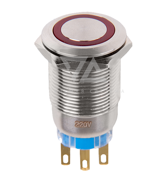 Выключатель-кнопка антивандальная d=19 12V 5А (5с) ON-OFF/OFF-ON, с фиксацией, подсветка красная