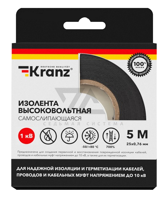 Изолента высоковольтная самослипающаяся 25 мм x 5 м (до 1кВ) KRANZ, черная
