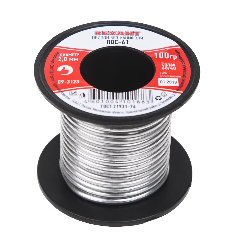 Припой без канифоли ПОС-61 Rexant, катушка, 100 г, 2.0 мм