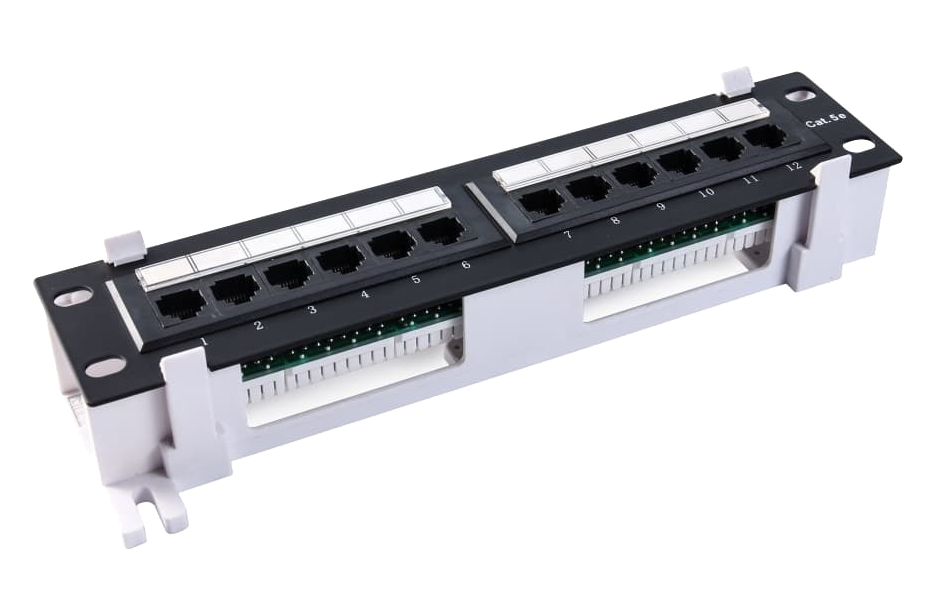 Патч-Панель 19" RIPO, 12 гнезд RJ-45, 1U, CAT5e, универсальная, неэкранированная, черная