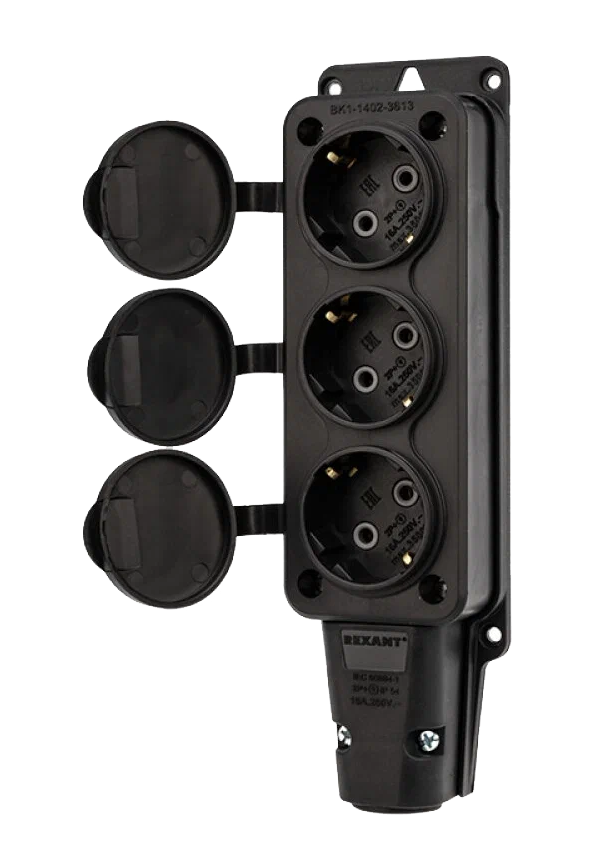Розетка штепсельная влагозащищенная с с/з Rexant , 250 В, 16 А, IP54, каучук, 3 гнезда, черная