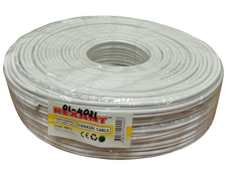 Кабель видеонаблюдения D=5 мм + 4 x 0.5 мм Rexant, белый, 100 м