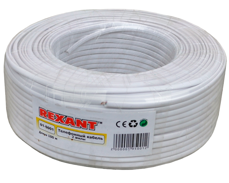 Кабель телефонный 2 жилы Rexant, белый, 100 м