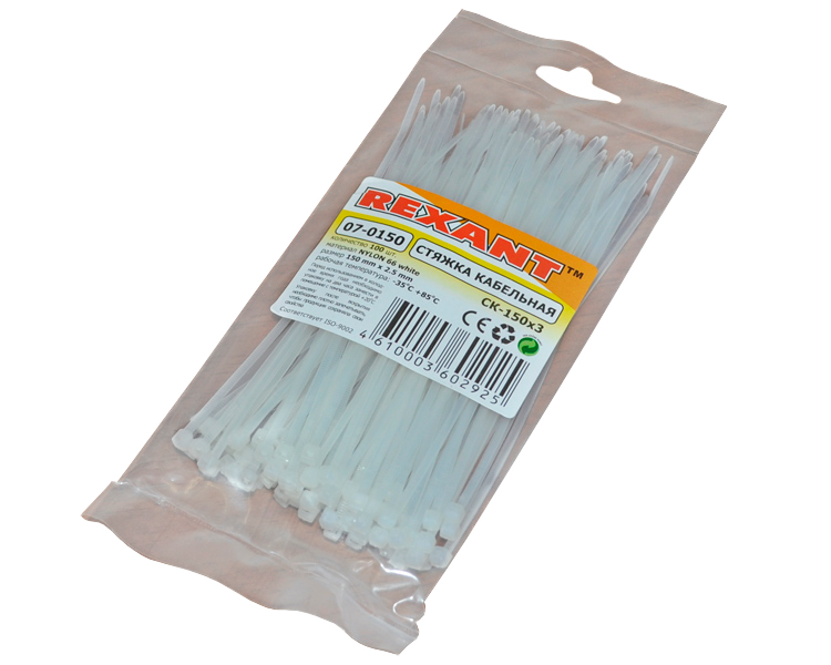 Хомут 150 мм x 2.5 мм Rexant, белый, 100 шт