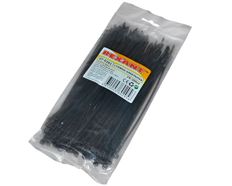 Хомут 200 мм x 3.6 мм Rexant, черный, 100 шт