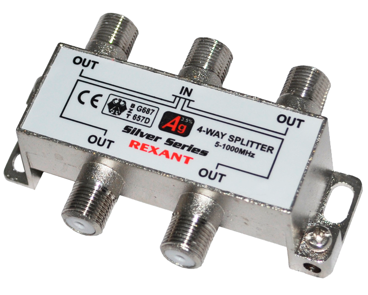 Делитель на 4 в упаковке 4-WAY Splitter Silver (+ 5 F-разъемов) Rexant