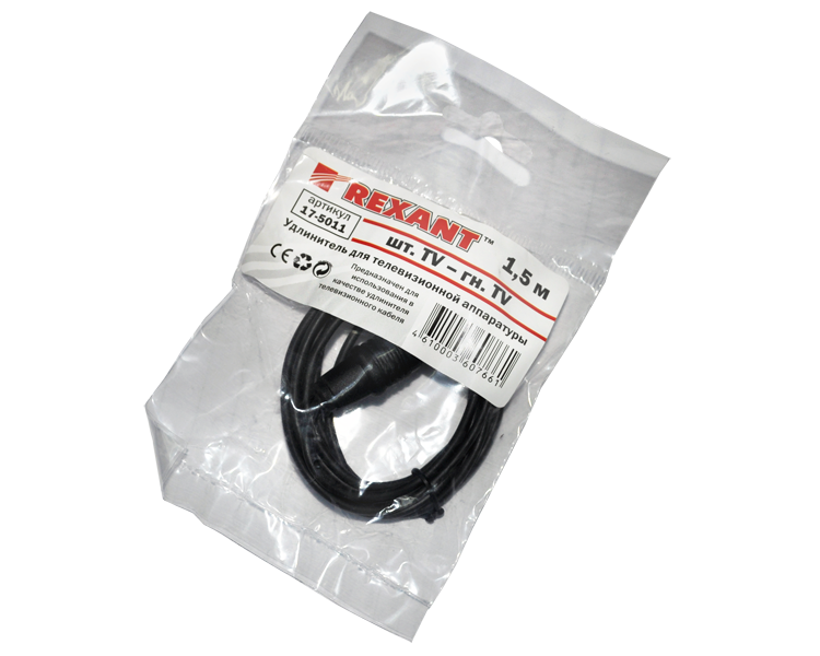 Шнур ТВ(штекер) - ТВ(гнездо) Rexant, черный, 1.5 м
