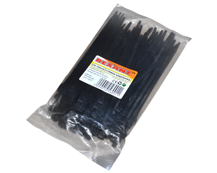 Хомут широкий 200 мм x 7, 6 мм Rexant, черный, 100 шт