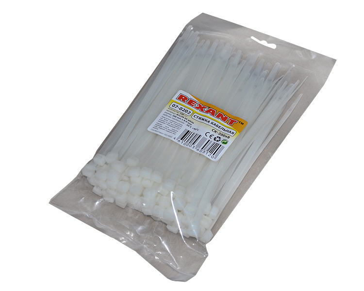 Хомут широкий 200 мм x 7, 6 мм Rexant, белый, 100 шт