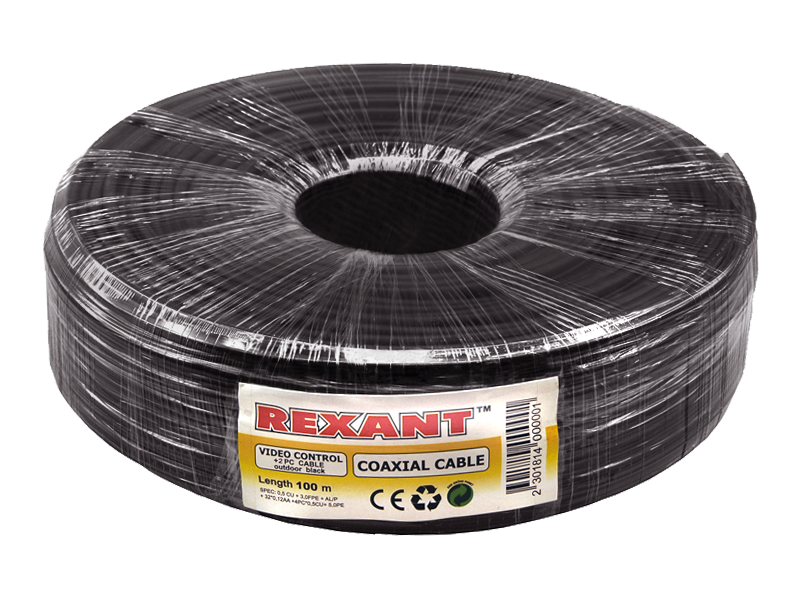 Кабель видеонаблюдения D=5 мм + 2 x 0.5 мм Rexant, наружный, 100 м