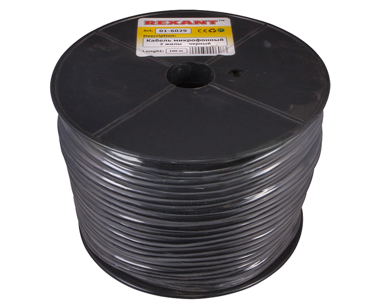Кабель микрофонный 2 x 0.25 мм Rexant, черный, 100 м