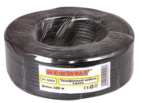 Кабель телефонный 2 жилы Rexant, черный, 100 м