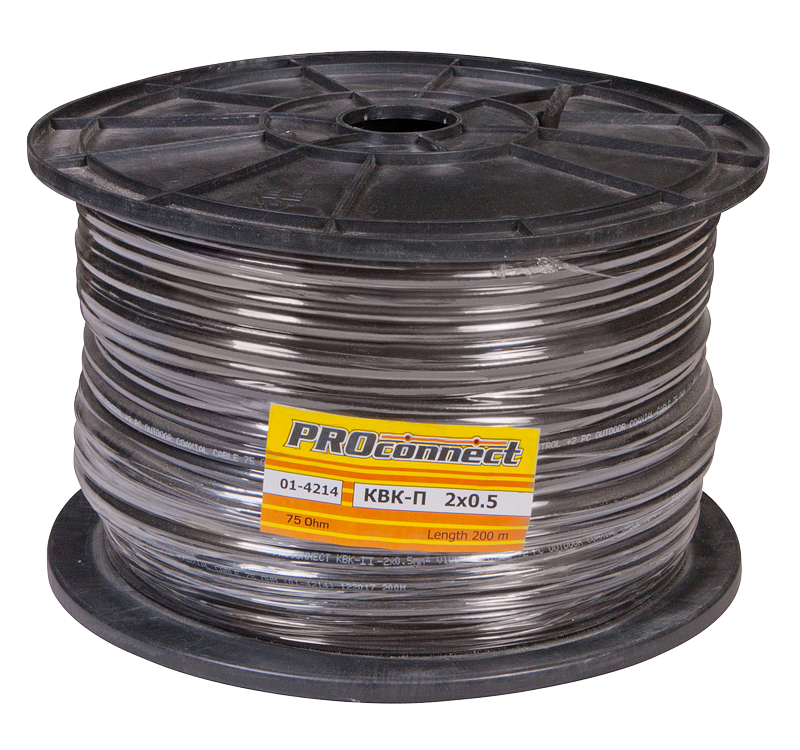 Кабель видеонаблюдения D=7 мм + 2 x 0.5 мм Proconnect, наружный, 200 м