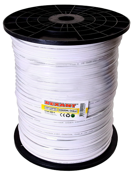 Кабель видеонаблюдения D=5 мм + 2 x 0.5 мм Rexant, белый, 305 м