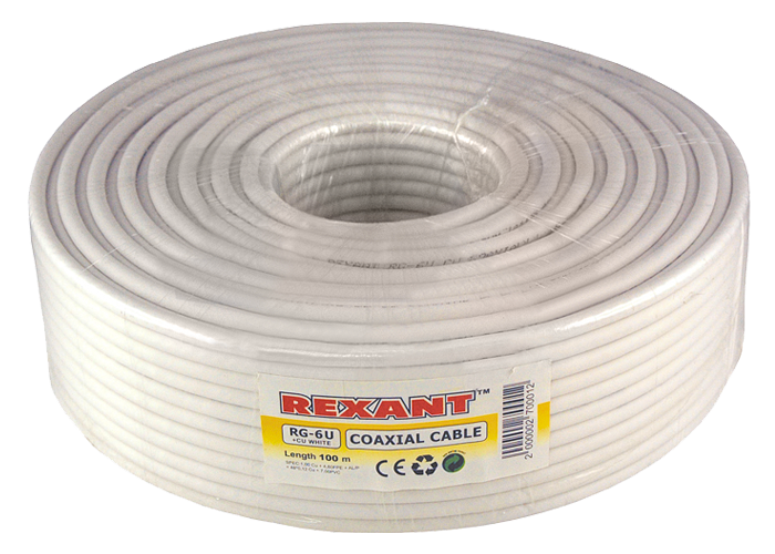 Кабель RG-6U Cu 48 Rexant, белый, 100 м