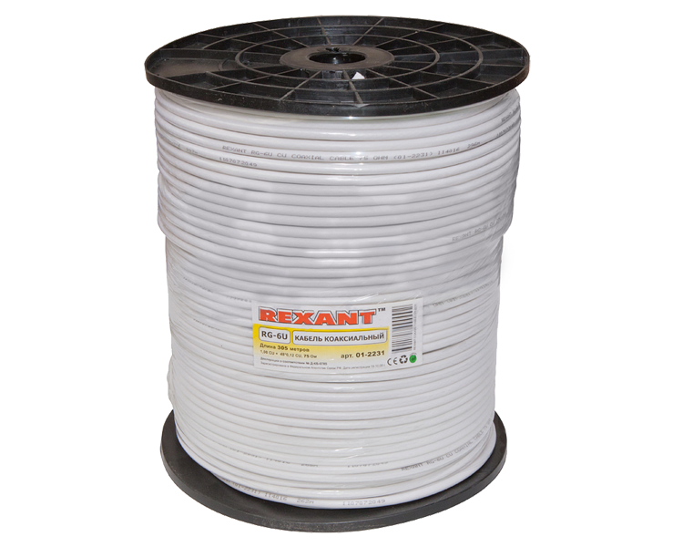 Кабель RG-6U Cu 64 Rexant, белый, 305 м