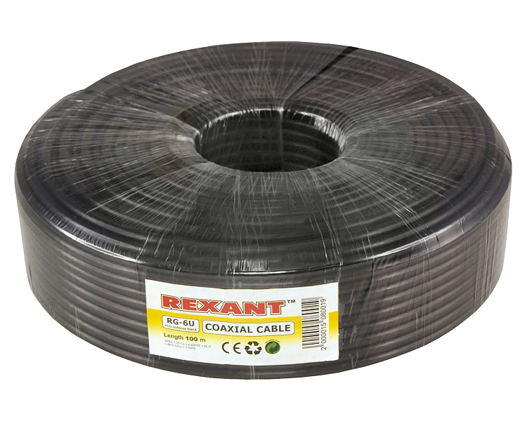 Кабель RG-6U Cu 64 Rexant, полиэтилен, черный, 100 м